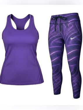 Nike Dri-FIT Activewear Set Purple Racerback Tank & Vibrant Graphic Leggings MED